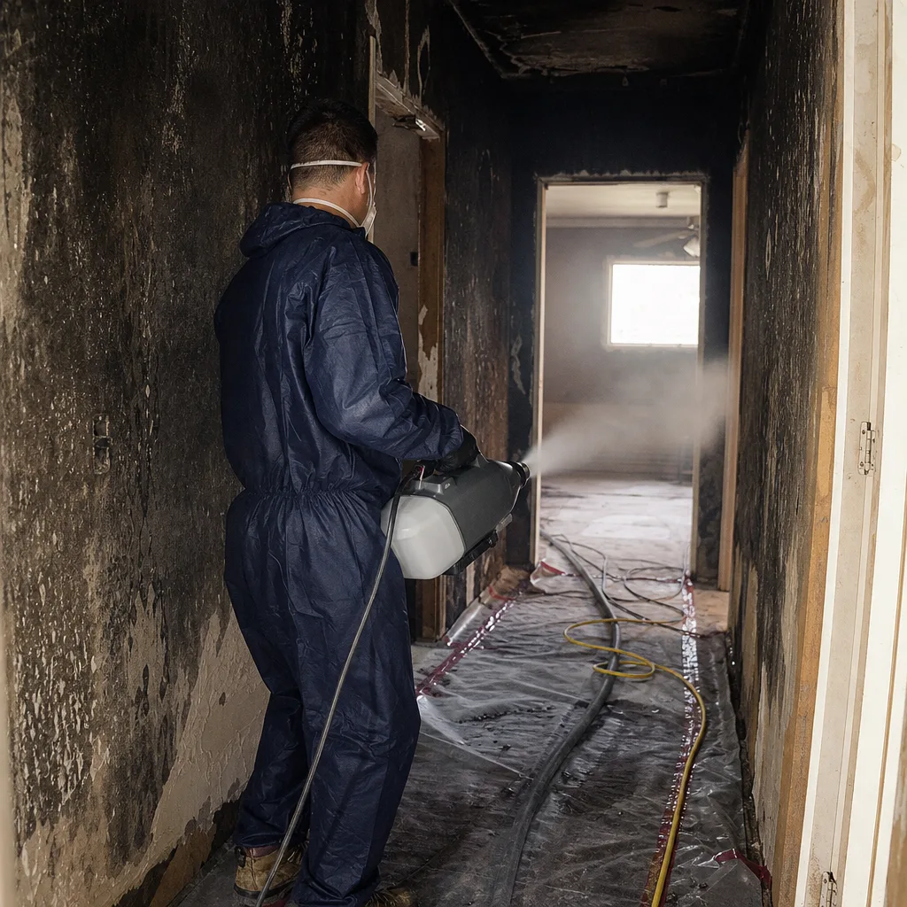 Technician performing fire damage restoration with professional fogging equipment in a hallway
