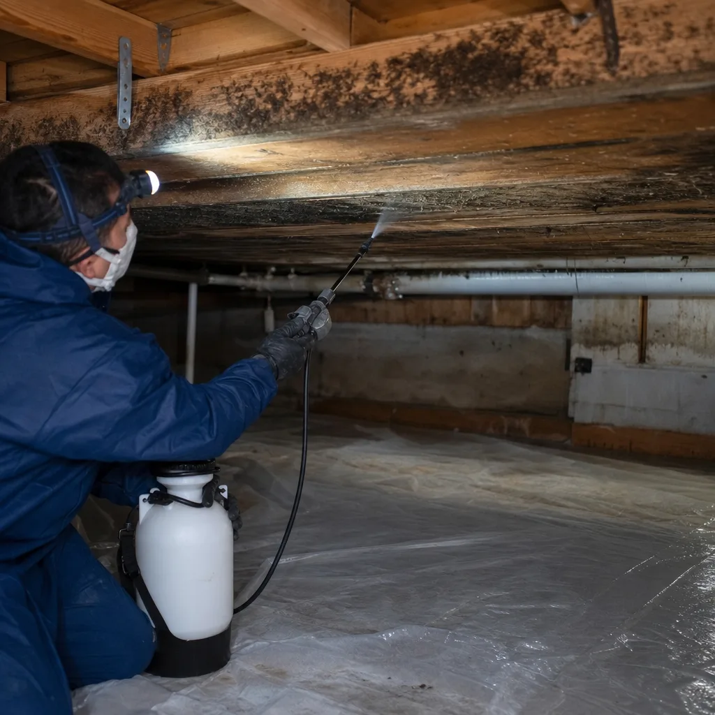 Technician performing professional mold remediation on crawl space wooden joists